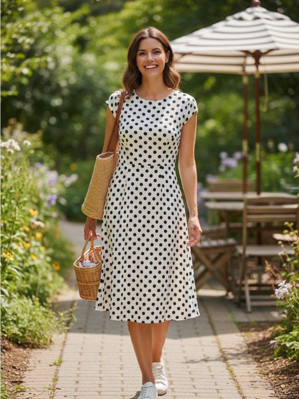 LOFT White Midi Dress with Black Polka Dots